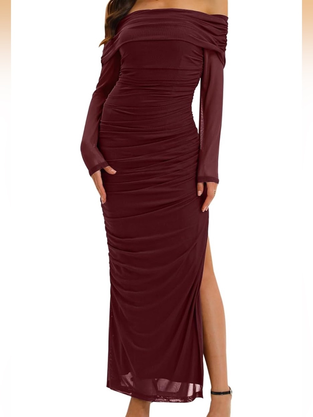 Off-Shoulder Burgundy Ruched Evening Dress